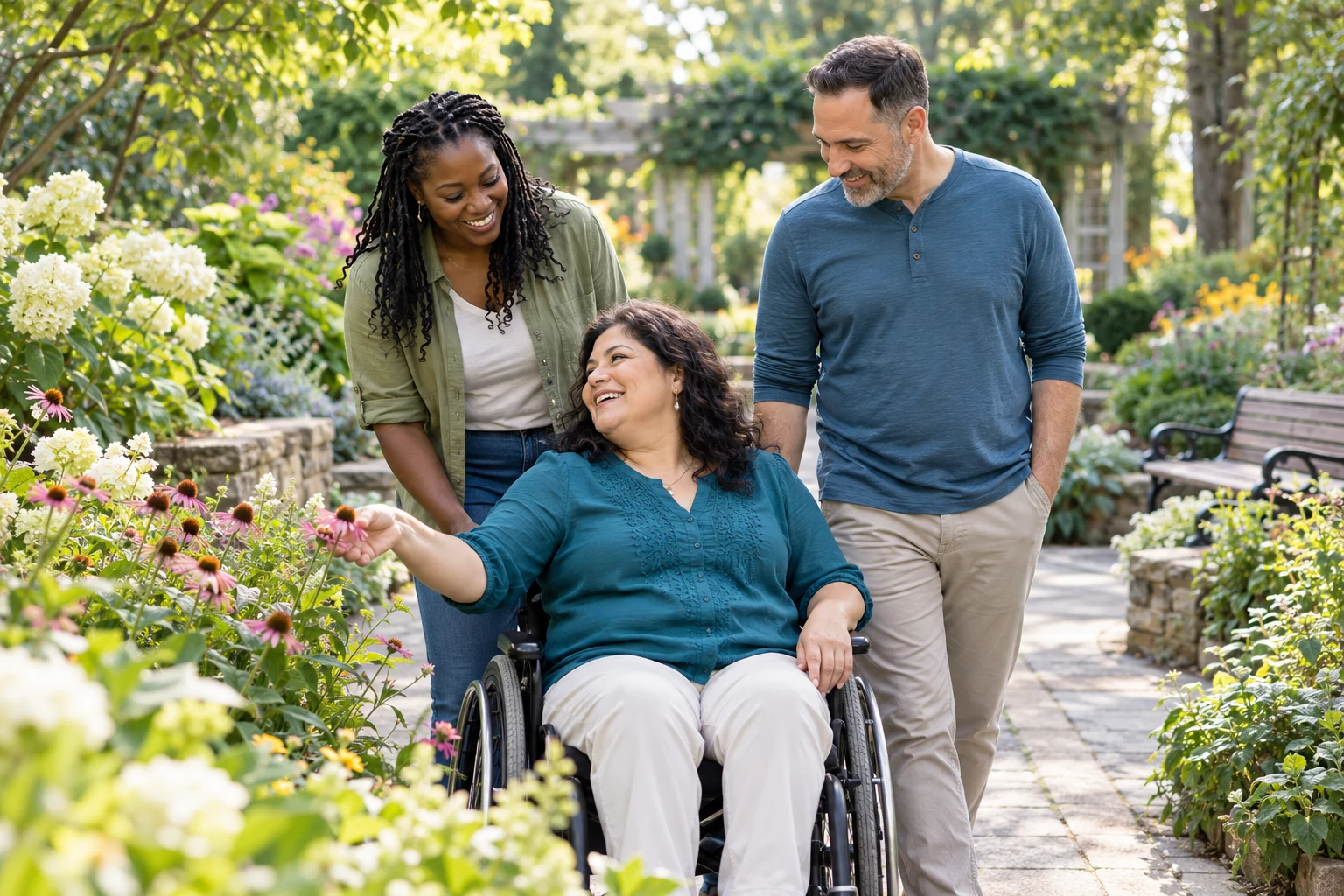 Illustrative scene of adults enjoying an accessible community garden outing