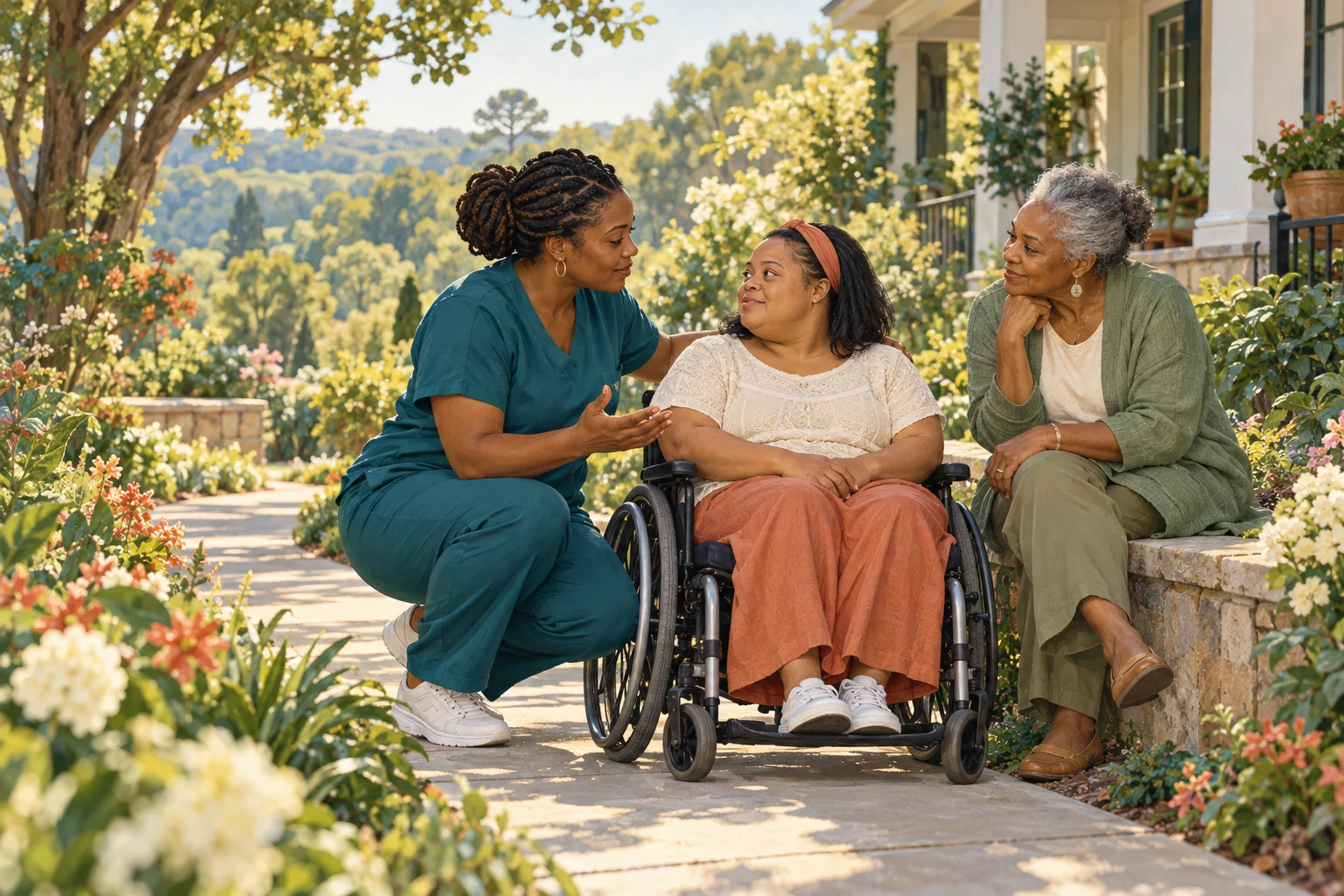 Illustrative scene of adults connecting on an accessible garden path