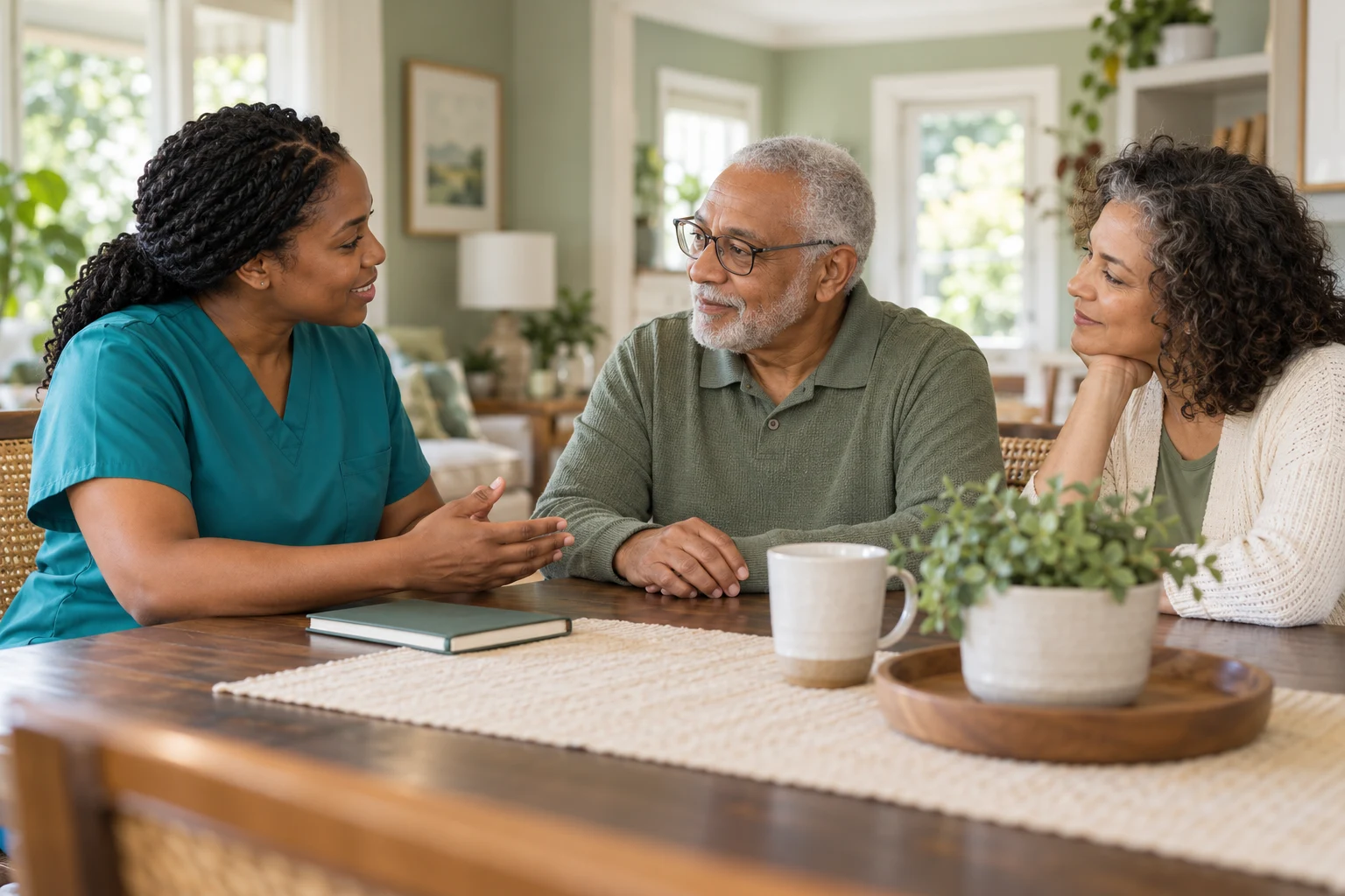 Illustrative scene of a nursing professional talking with an adult and family member at home